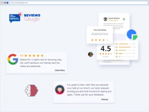 Customer review highlights with ratings and comments.