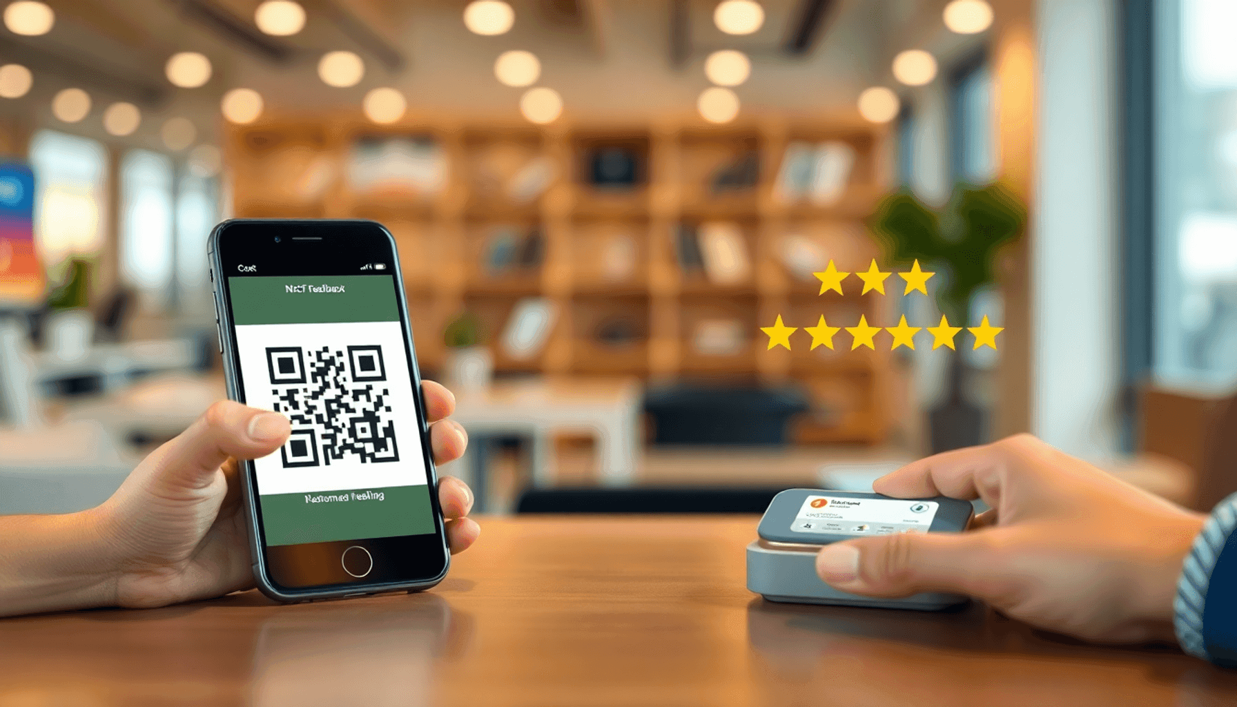 Smartphone scanning QR code and tapping NFC tag with glowing review and rating icons in a modern business setting.