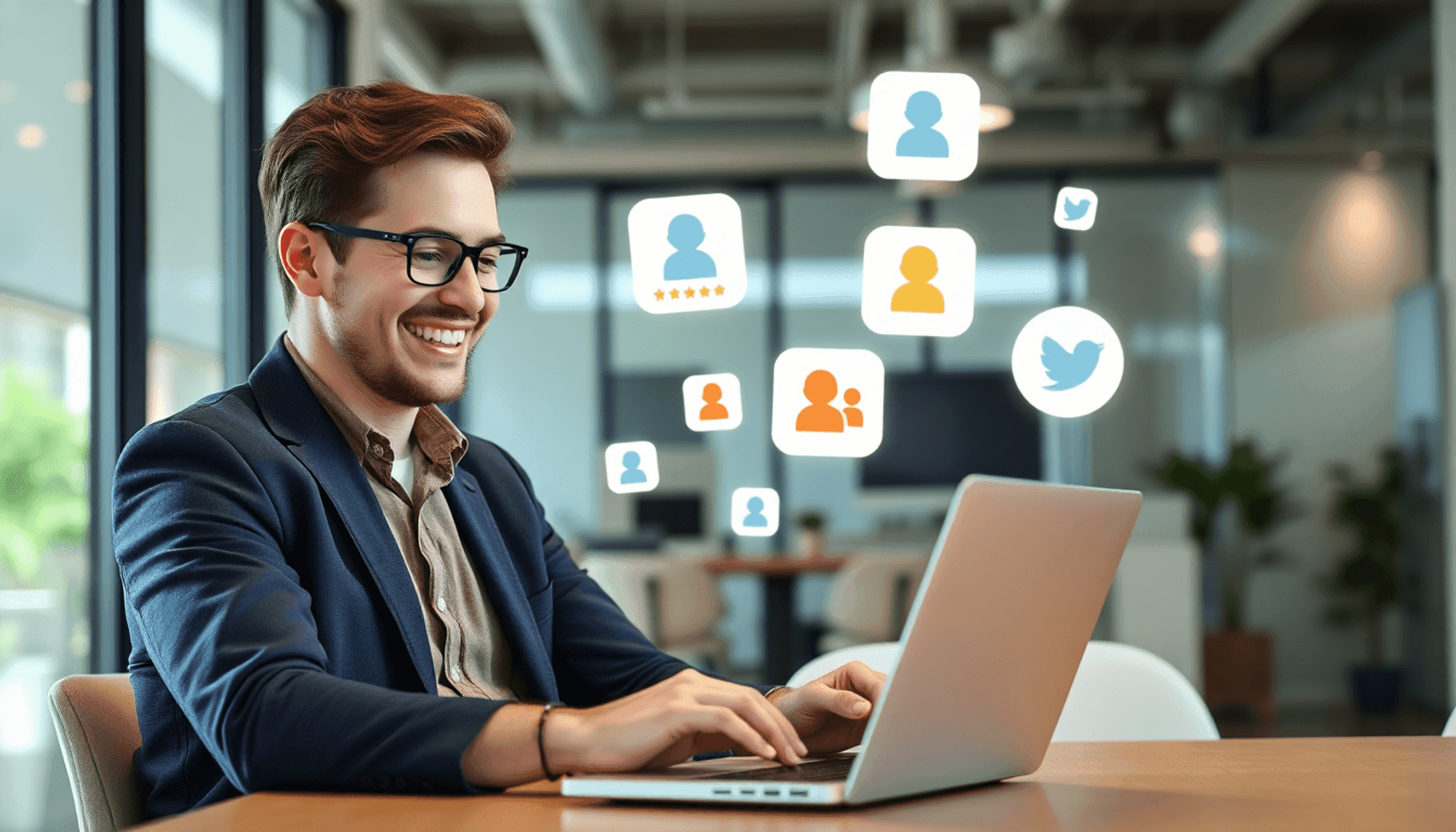 Business owner happily managing online reviews on laptop with review platform icons in a bright, modern office setting.