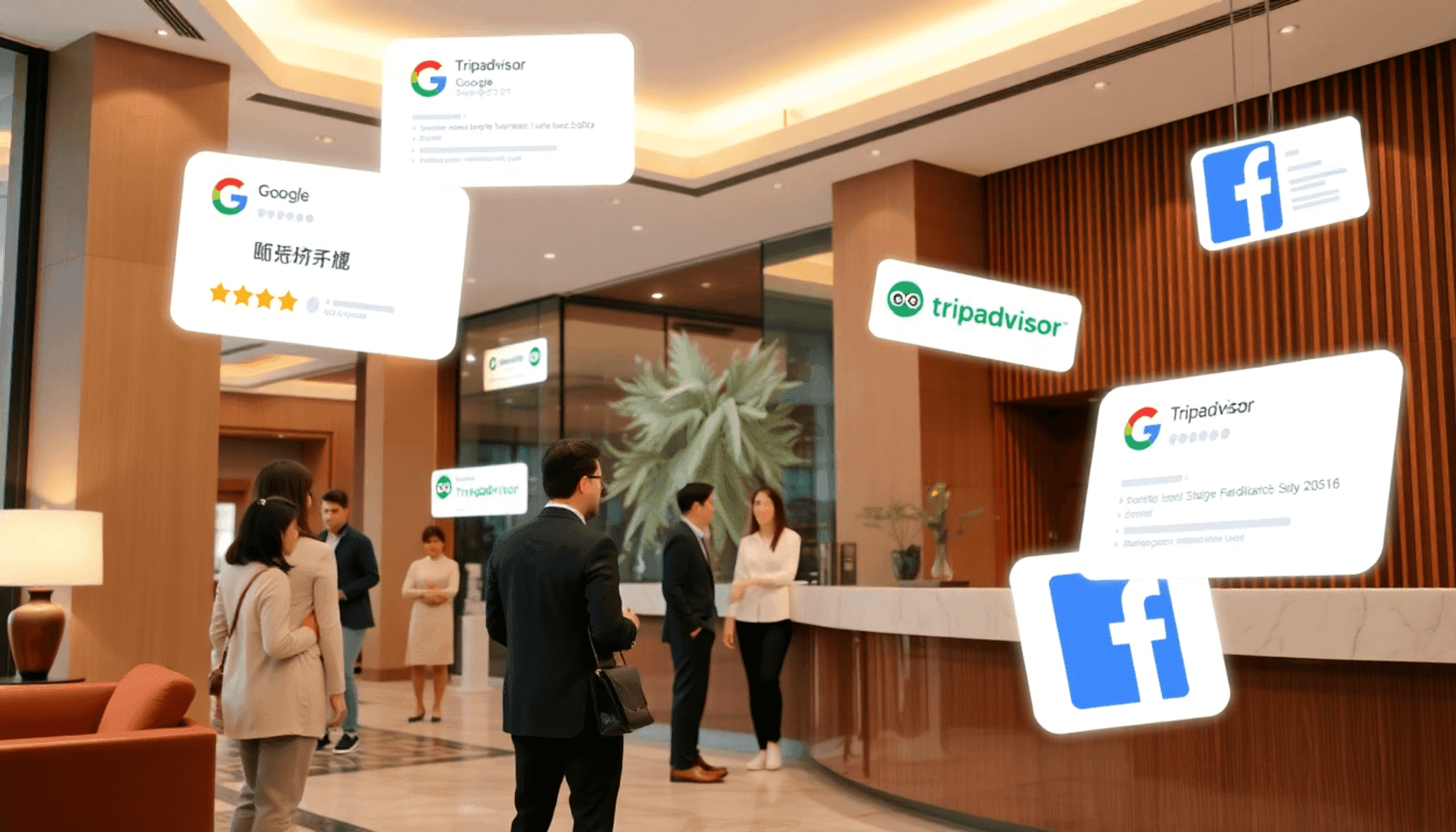Modern hotel lobby with a receptionist assisting guests, surrounded by floating icons of online review platforms symbolizing automated review manag...