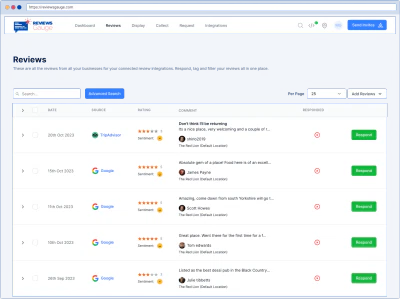 Reviews page listing customer feedback and ratings.