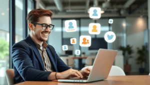 Business owner happily managing online reviews on laptop with review platform icons in a bright, modern office setting.