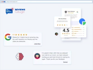 Customer review highlights with ratings and comments.