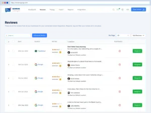 Reviews page listing customer feedback and ratings.