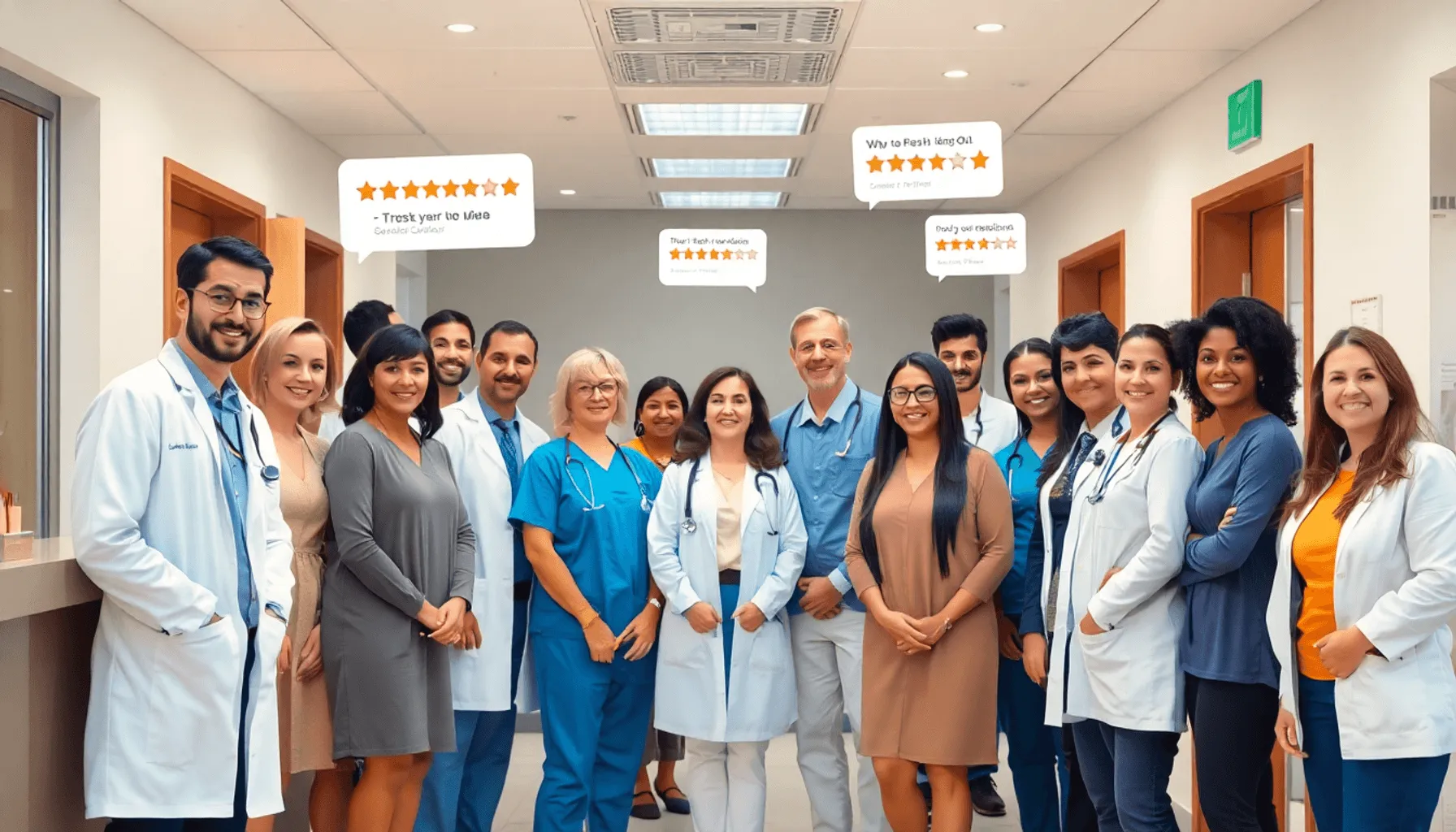 Healthcare clinic reception with smiling staff and patients, digital icons of online reviews and ratings floating nearby, symbolizing trust and pos...