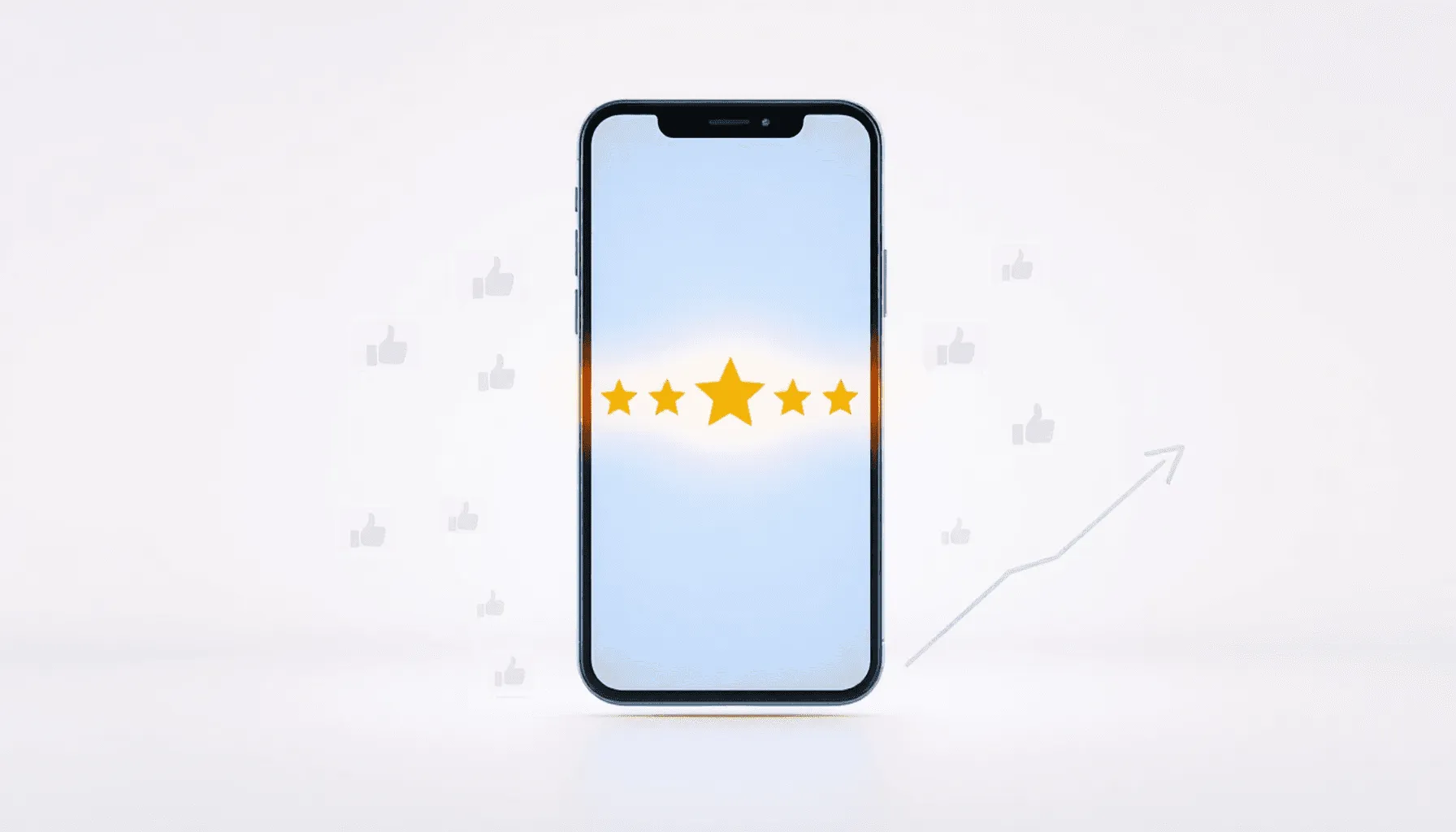 Smartphone displaying a glowing 5-star review, surrounded by thumbs-up icons and chat bubbles, with graphs and upward arrows in the background symb...