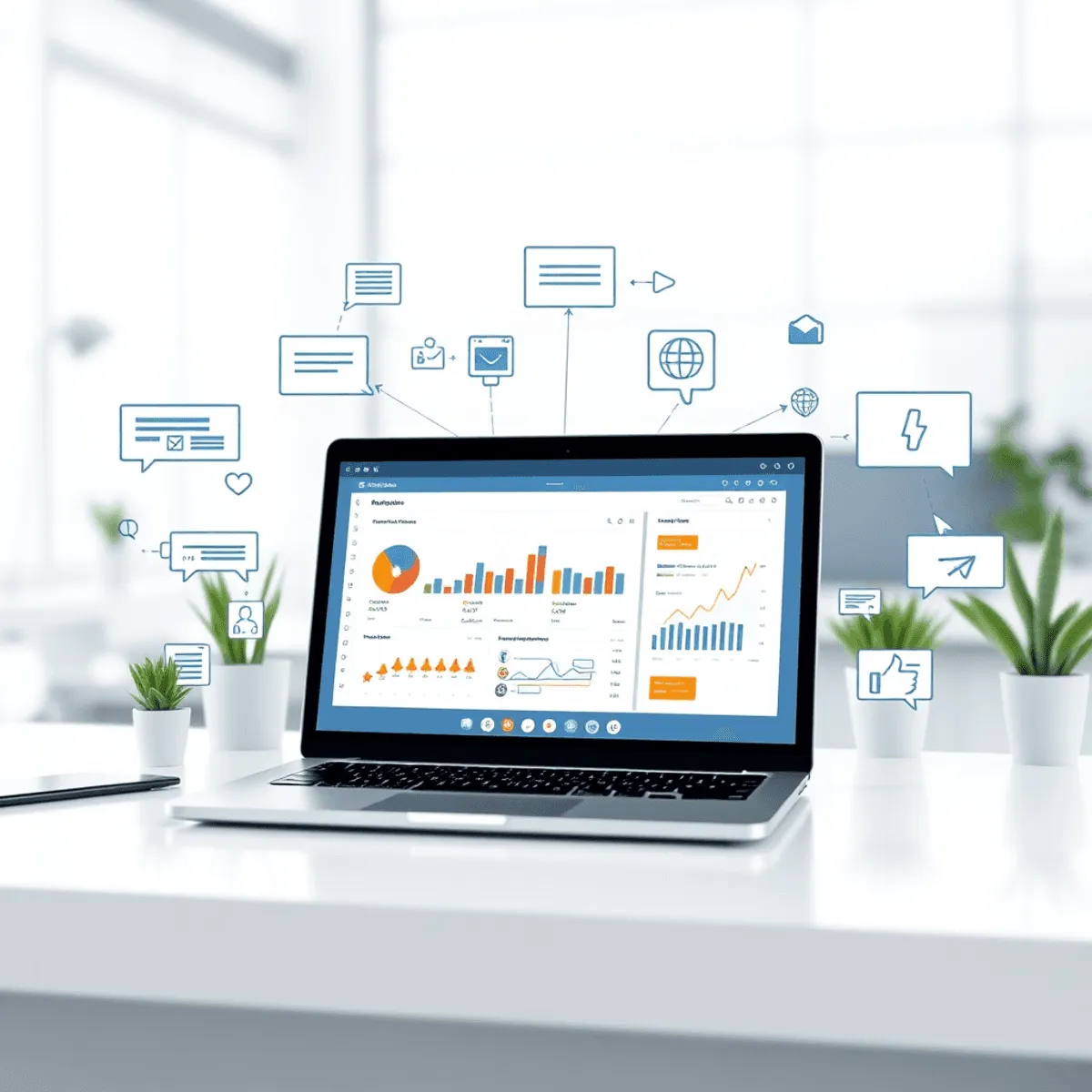 A modern workspace with a laptop showing customer review analytics and AI icons, surrounded by star ratings, speech bubbles, and notification alert...