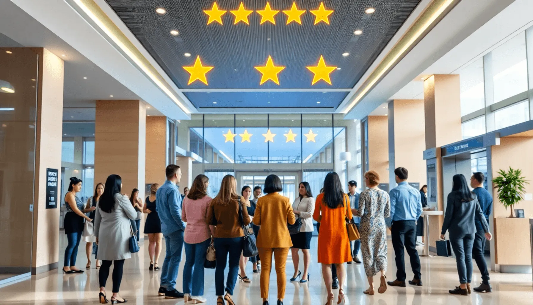 Hotel lobby with staff greeting guests, digital review icons and glowing star ratings above, symbolizing excellent guest reviews and strong reputat...
