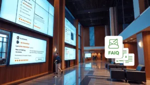 Modern hotel lobby with digital screens showing positive reviews, ratings, and icons for automated notifications and review tools, highlighting str...