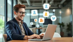 Business owner happily managing online reviews on laptop with review platform icons in a bright, modern office setting.