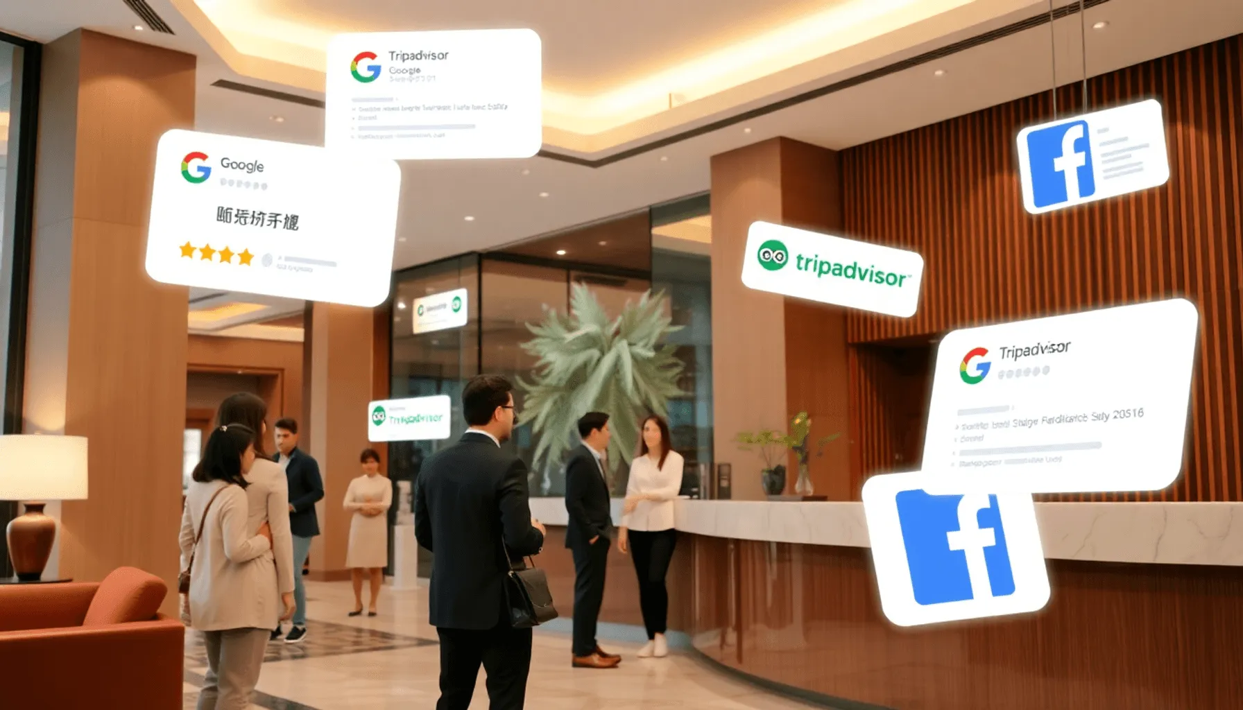 Modern hotel lobby with a receptionist assisting guests, surrounded by floating icons of online review platforms symbolizing automated review manag...